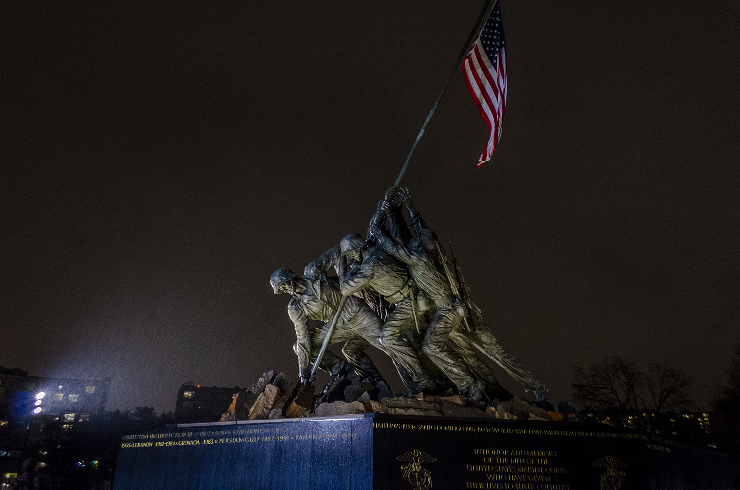 Honor in the Rain: US Marine Corps War Memorial at Night