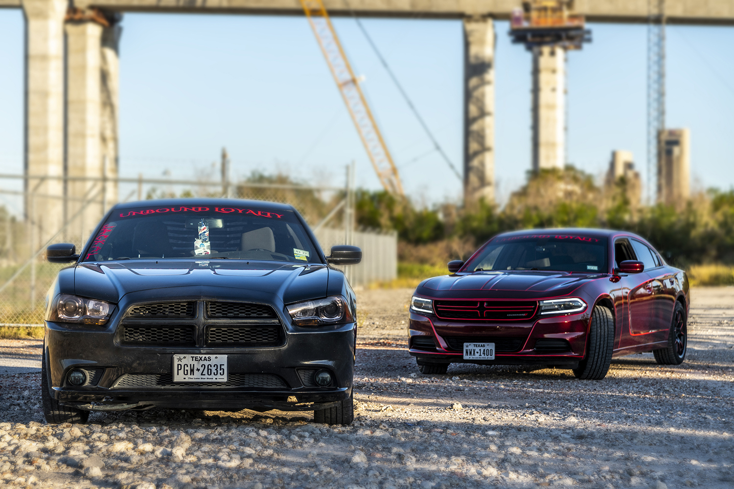 Twin Dodge Chargers Beneath the Bridge